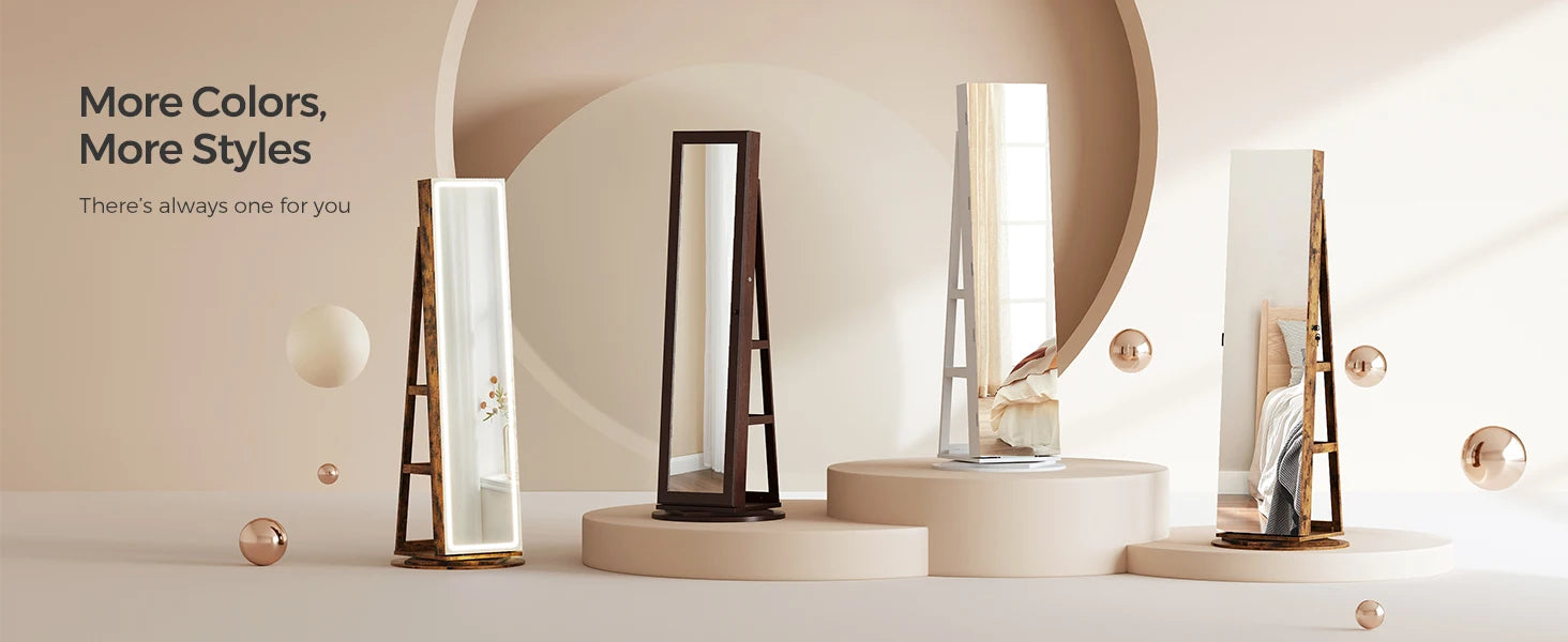 SONGMICS Armoire à bijoux miroir verrouillable à 6 LED, 360 °   Organisateur de bijoux pivotant, armoire à bijoux sur pied