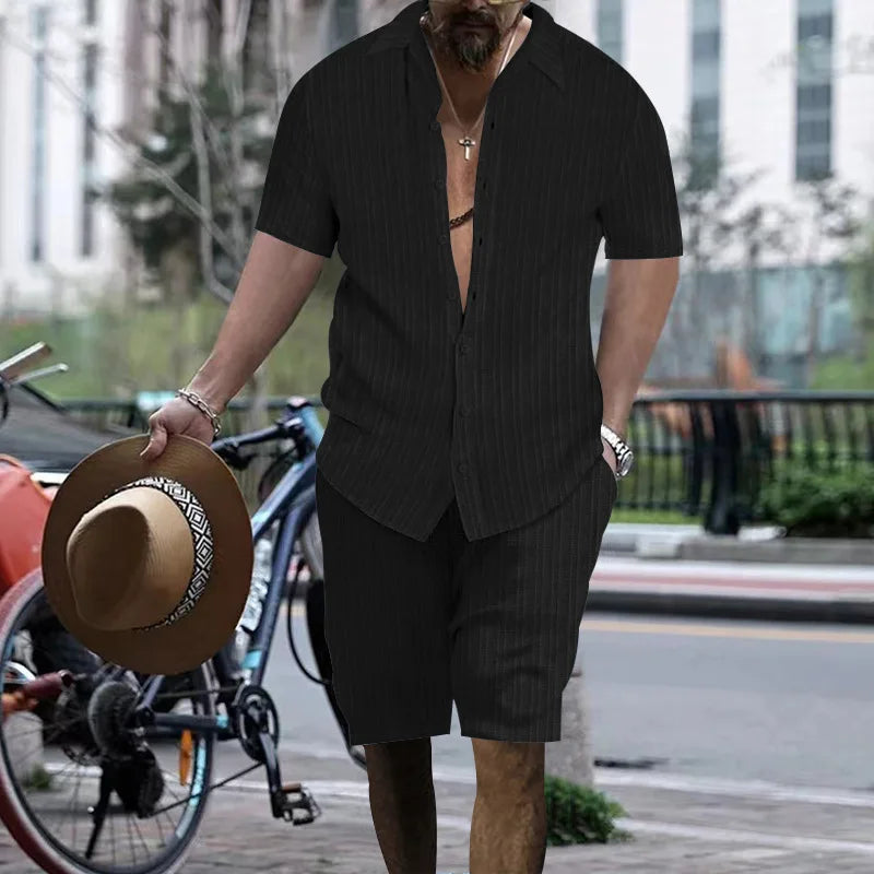 Summer European and American Style Men's Clothing Short Sleeve Cardigan Suit Men's Casual Loose Short Sleeves Shorts Beach Suit