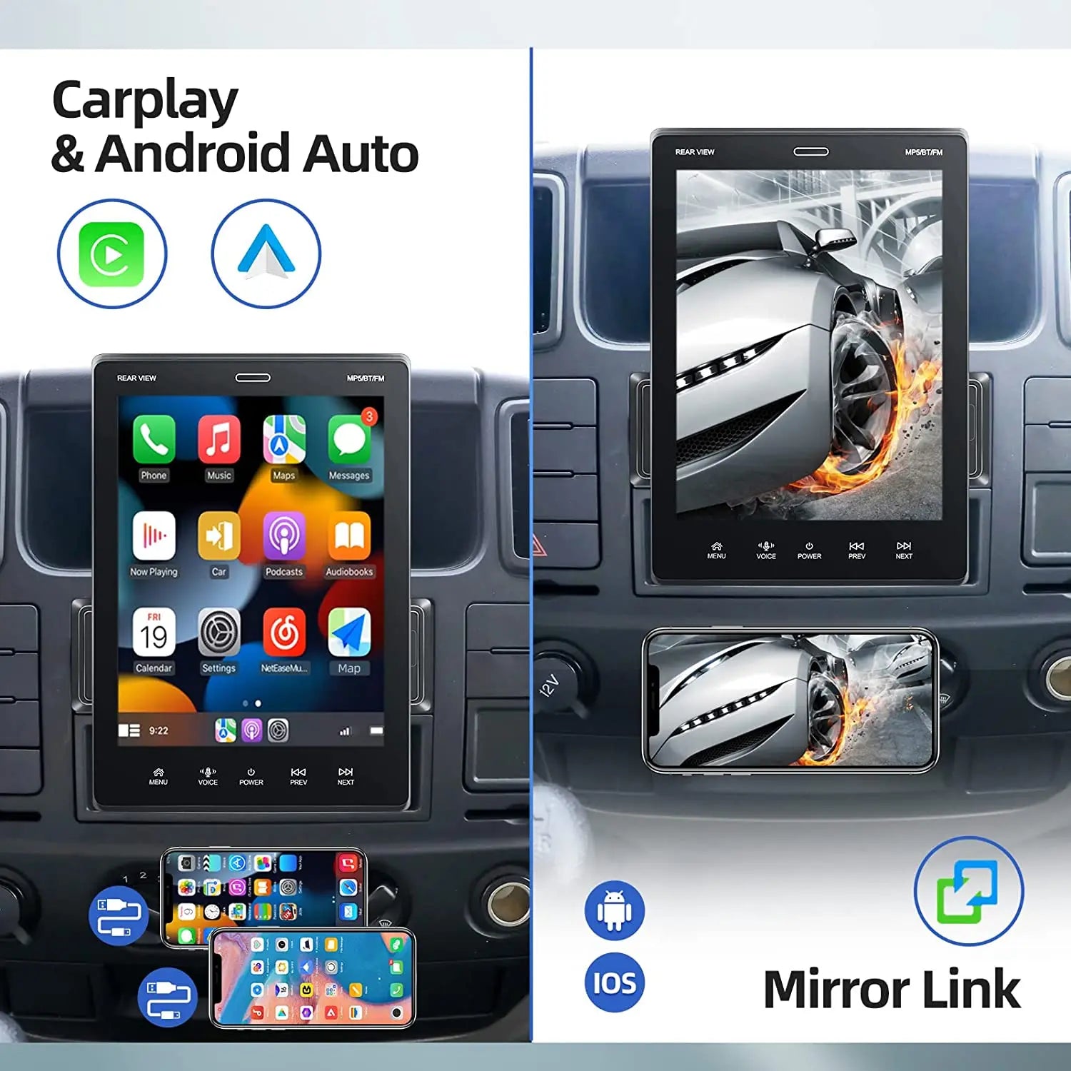 ESSGOO 10.4" Car Stereo Single DIN Wireless CarPlay Android Auto Rotatable Touch Screen Bluetooth GPS Nav Radio Player Head Unit