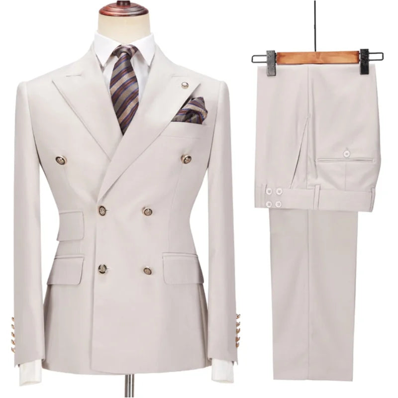 Men Suit 2 Pieces Beige Double Breasted Solid Color For Business Casual Wedding Groom Banquet Work Tuxedo Set Jacket With Pants