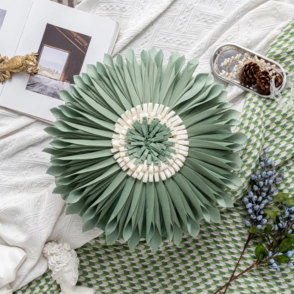 Modern Style Yellow White Throw Pillows Round  45*45 Velvet Stitching 3D Chrysanthemum Cushion Cover Waist Blue Cute Pillowcase