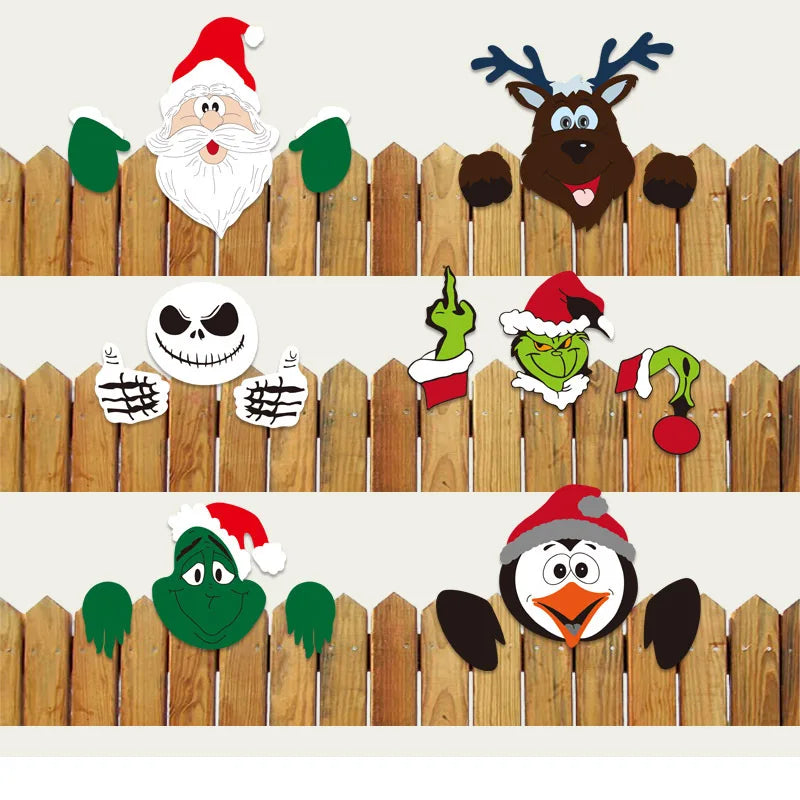 Christmas Fence Wooden Signboard Santa Claus Reindeer Snowman Grinch Decoration Courtyard Garden Handmade