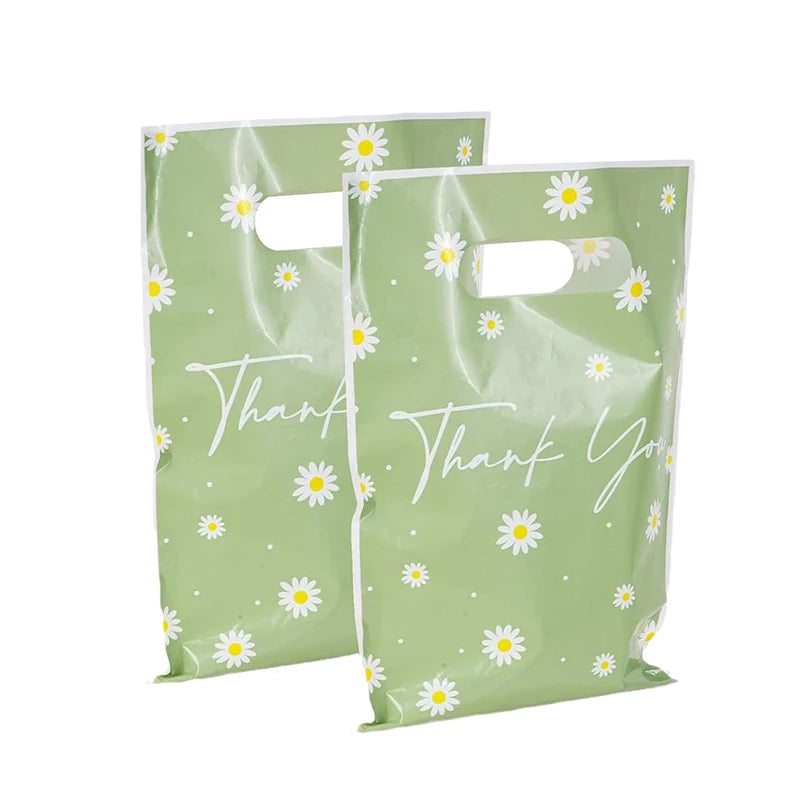 50Pcs Green Daisy Thank You Tote Gift Bags Plastic Candy Cookie Packaging Bag For Wedding Birthday Party Favors Small Business