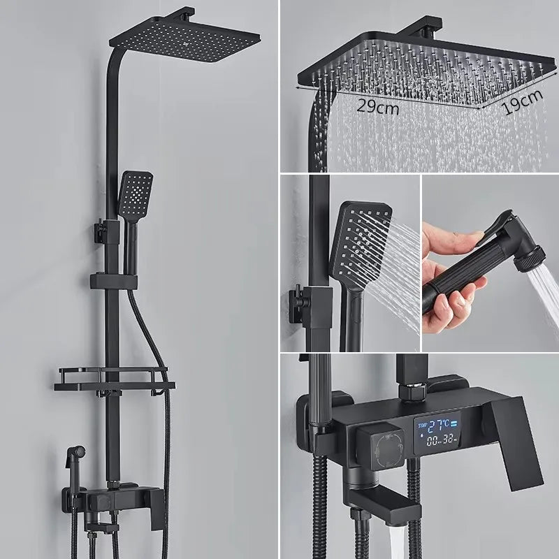 4 Ways Digital Display Shower Faucet Bathroom Thermostatic/Hot Cold Rainfall Shower Head Brass Rotate Mixers Bidet Faucet