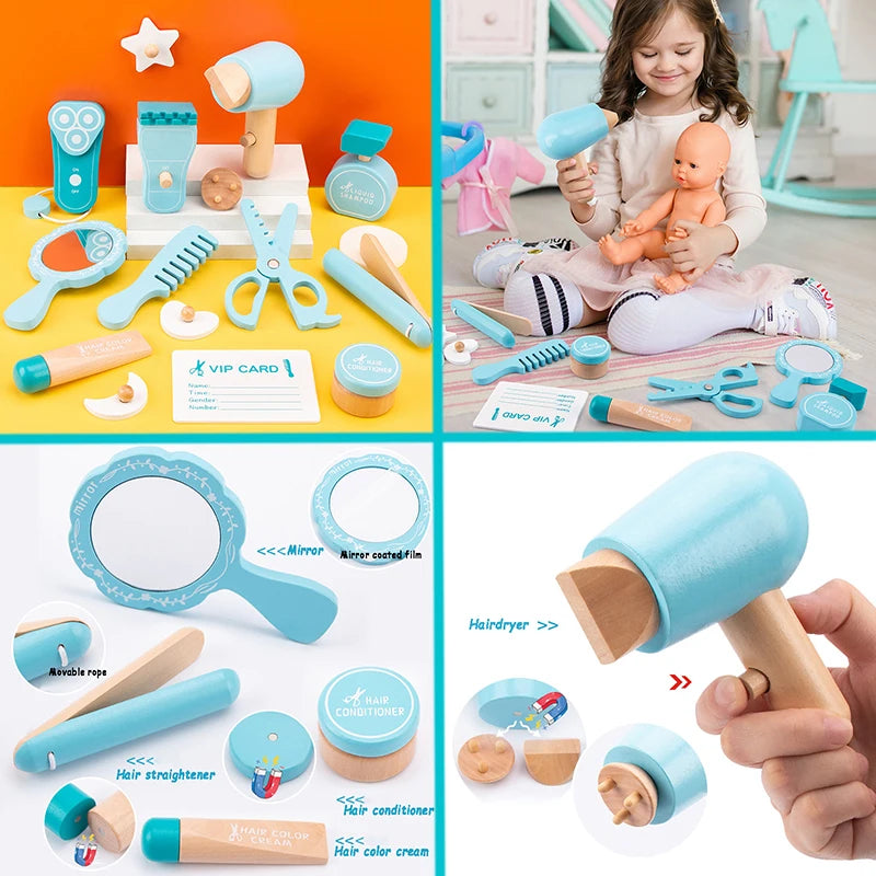 Kids Wooden Makeup Haircut Toy Beauty Fashion Salon Playset Games Combs Hair Dryer Pretend Play House Barber Makeup Kit Girl Toy