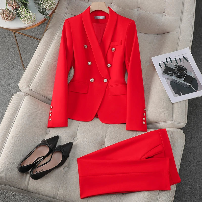 NAVIU Female Uniform Business Suits With Pants Elegant Office Blazer Set For Women Work Wear Pants Suit Claret Red Green Black