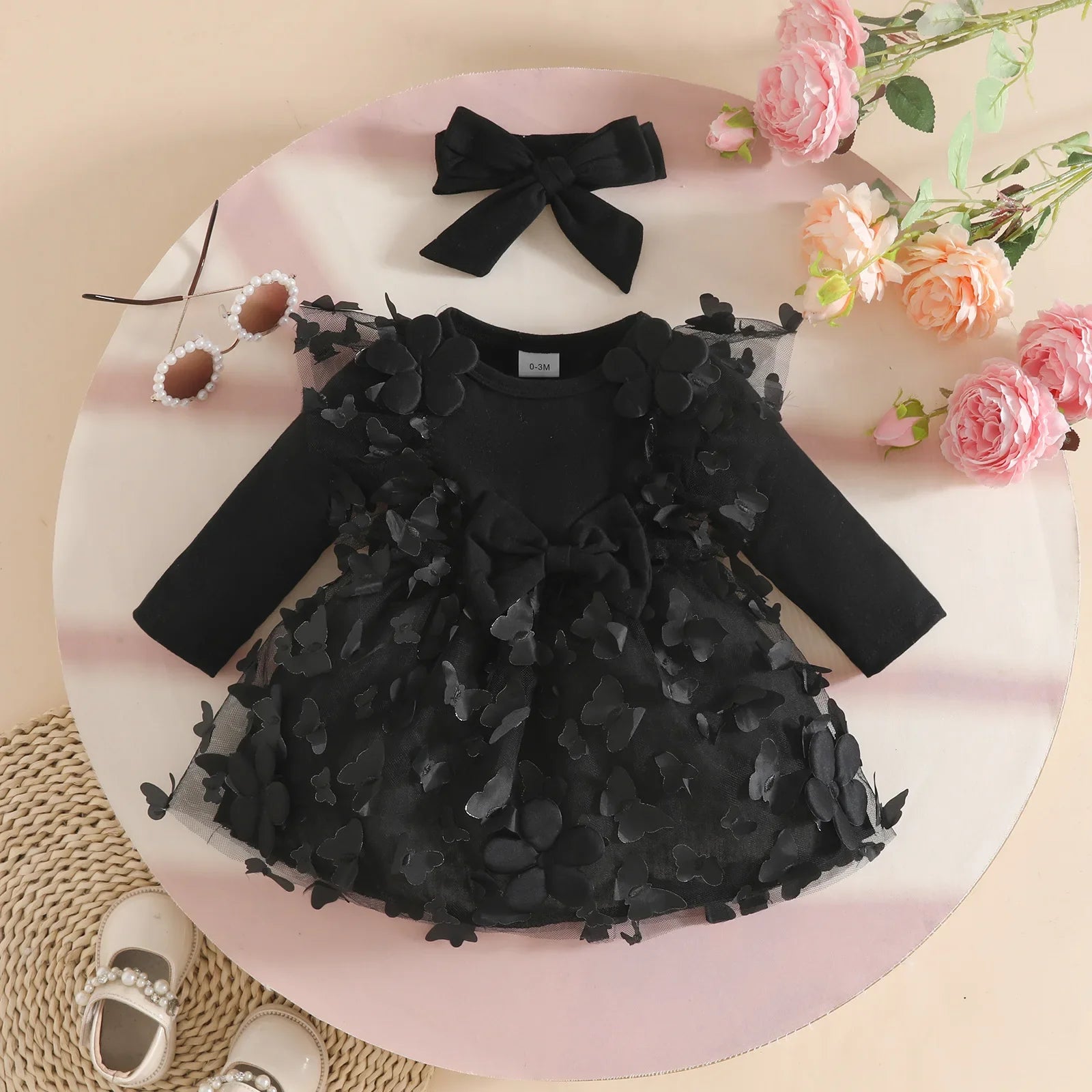 0-2Y Baby Girl Clothes 2Pcs Set Butterfly Tulle Patchwork Bow Baby Dresses for Newborn Girls and Headband Princess Party Outfit