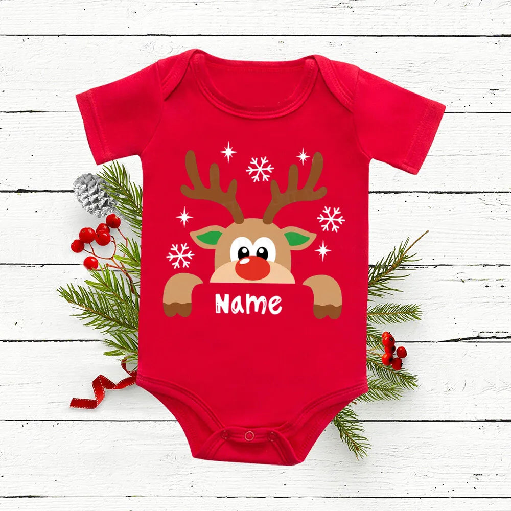 Personalized Baby Christmas Romper Deer with Name Newborn Bodysuit Infant Red Cotton Junpsuit Toddler Xmas Outfit Clothes