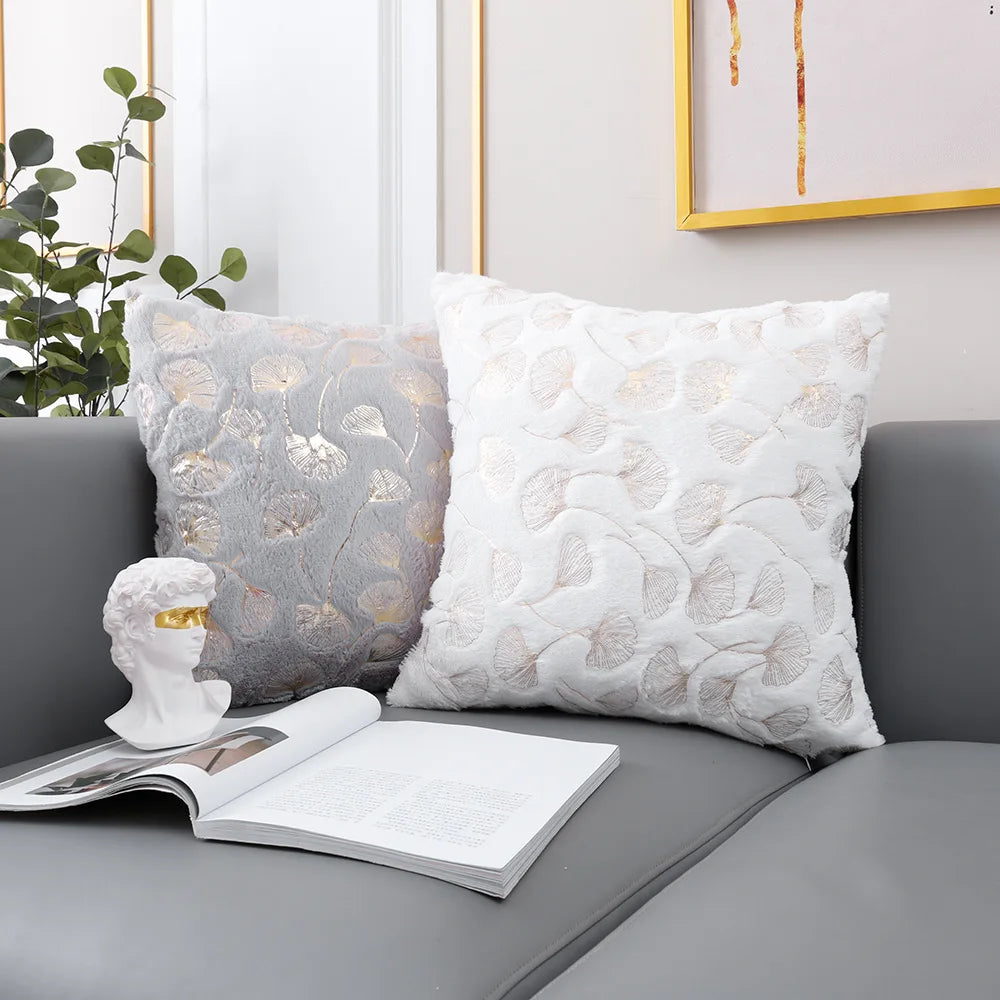Golden Printed Ginkgo Leaf Pillow Cover 45*45cm 30*50cm Decorative Pillowcase for Living Room Luxury Plush Fur Cushion Covers