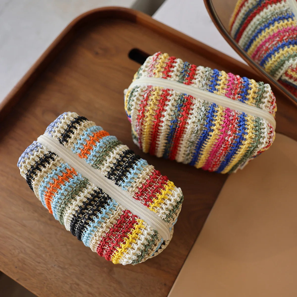 Colorful Knitted Cosmetic Bag Travel-Friendly Handbag Toiletry Pouch Women's Cosmetics & Skincare Organizer On-the-Go Bag-in-Bag