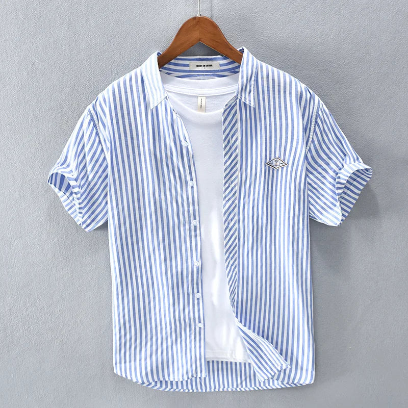 New Summer Men's Short Sleeve Shirt Fashion Thin Loose Half Sleeve Casual Youth Stripe Shirt Tops