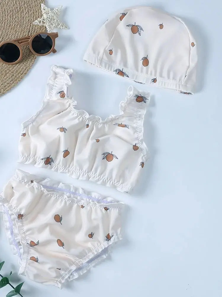 Summer Sun Protection Kids Girls Swimsuits+Hat Clothing Toddler Girl Swimwear Print Baby Bikini Split Swimsuit Vacation Swimming