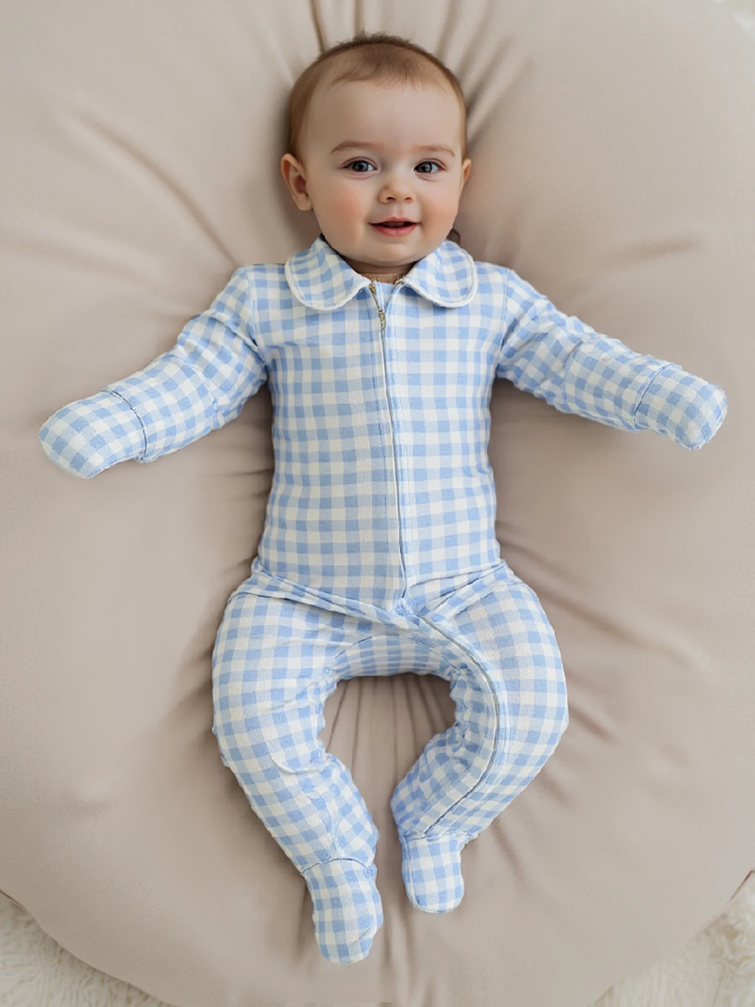 Pudcoco Infant Newborn Baby Fall Romper Plaid Print Doll Collar Long Sleeve Zip Up Footed Jumpsuit 0-6M