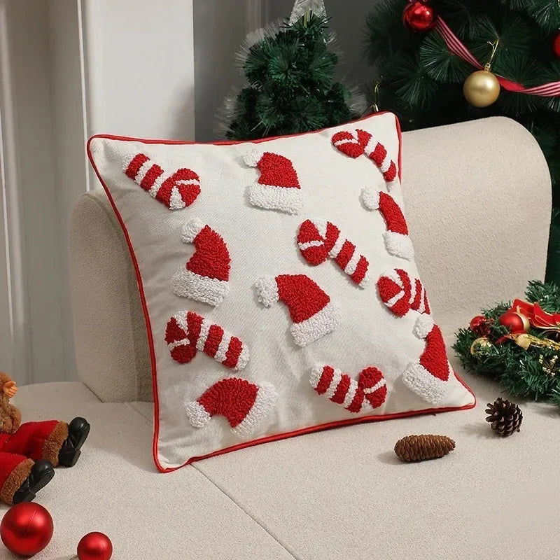 1/2 PCS Christmas Plush Pillowcase 3D Santa Hat Cane Pattern Hidden Zipper Closure Pillowcase New Year Party Decoration