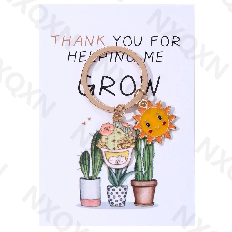 Classic Sun Smiling Face Cactus Enamel Keychain Cartoon Plant Grow Thank You For Teachers Good Gift Handmade Jewelry Set