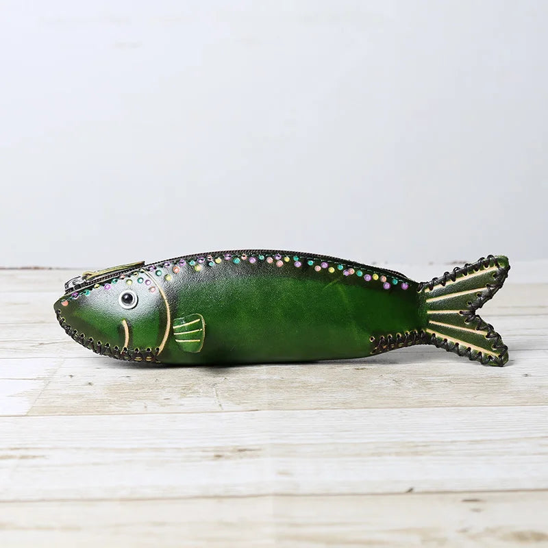Head Layer Cowhide Creative Pencil Case Salted Fish Flip Storage Bag Personalized Fish Zero Wallet Storage Gift Giving Work Gift