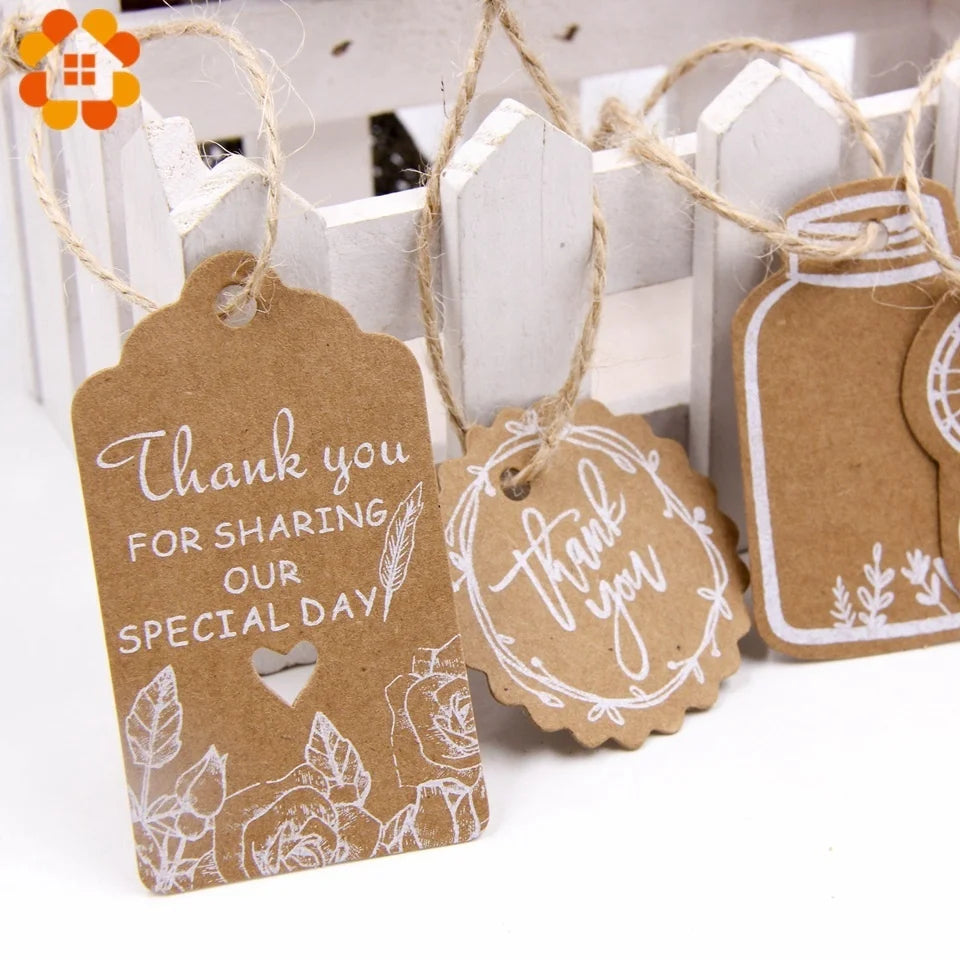 50PCS Christmas Kraft Paper Tags Handmade/Thank You DIY Crafts Hanging Tag With Rope for Christmas Gift Wrapping Supplies Favors