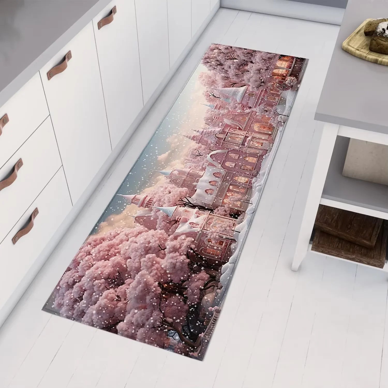 VIKAMA Christmas Pink Carpet Snowman Castle Floor Mat Living Room Carpet Bedroom Bedside Rug Soft Doormat Welcome Carpet Home De