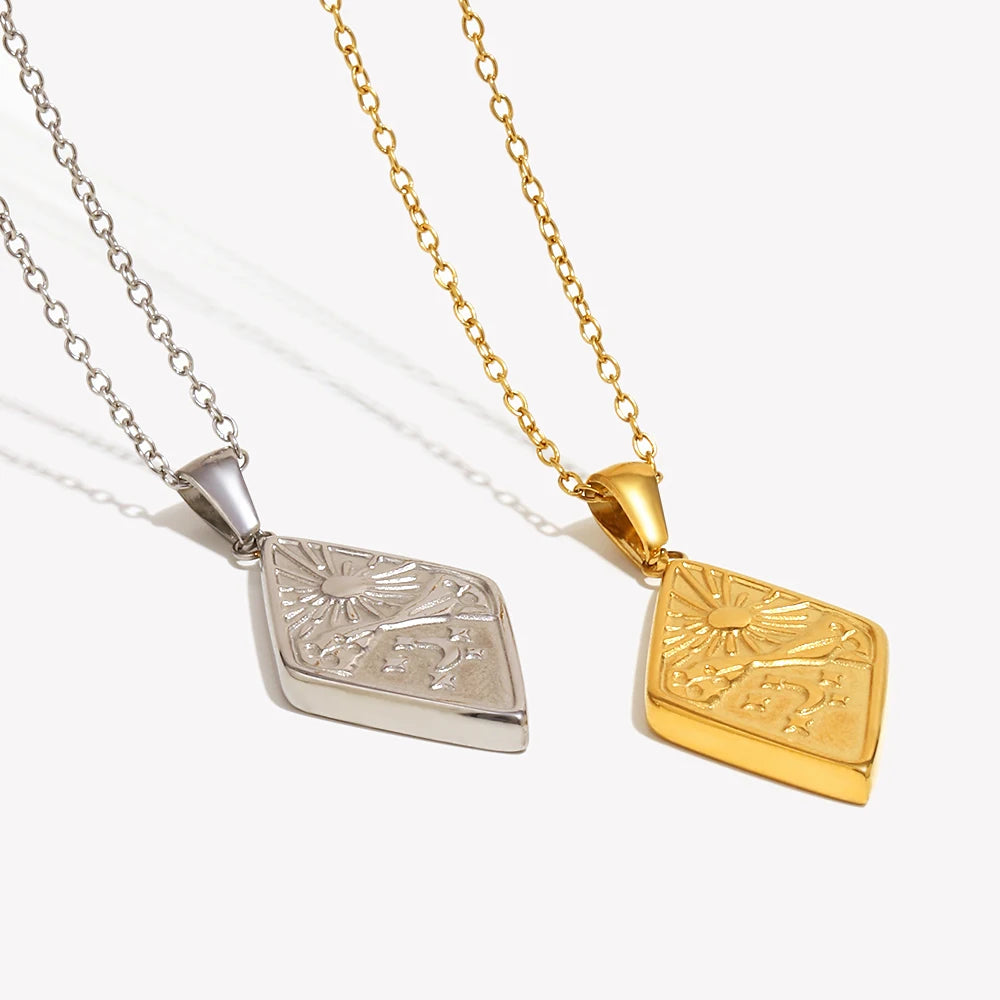 EBbelle 18k Gold Plated Rhombus Shape Moon Sun Pendant Necklace Stainless Steel Waterproof Fashion Unique Women's Jewelry