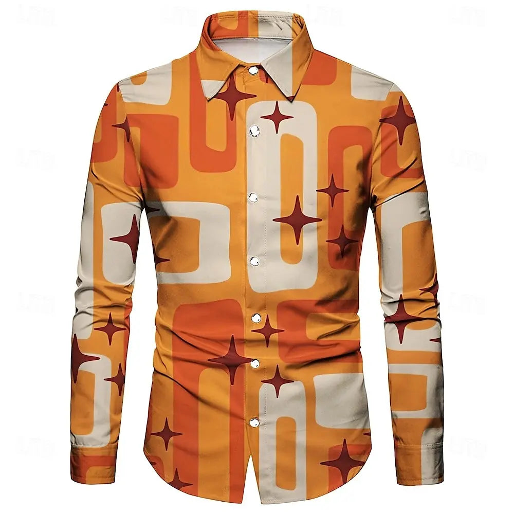 Men's 3D irregular geometric shape print long-sleeved shirt personalized polyester fabric casual shirt men's fashion lapel shirt