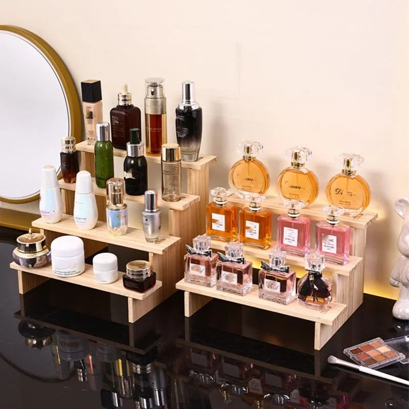 2-5 Tiers Wooden Display Rack Cosmetic Perfume Display Stand Doll Toys Stepped Desk Storage Home Desktop Organization