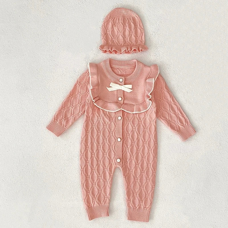 Christmas Baby Rompers Clothes Hat Autumn Winter Knitted Bow Newborn Girls Jumpsuits Fashion Solid Plain Toddler Kids Rompers