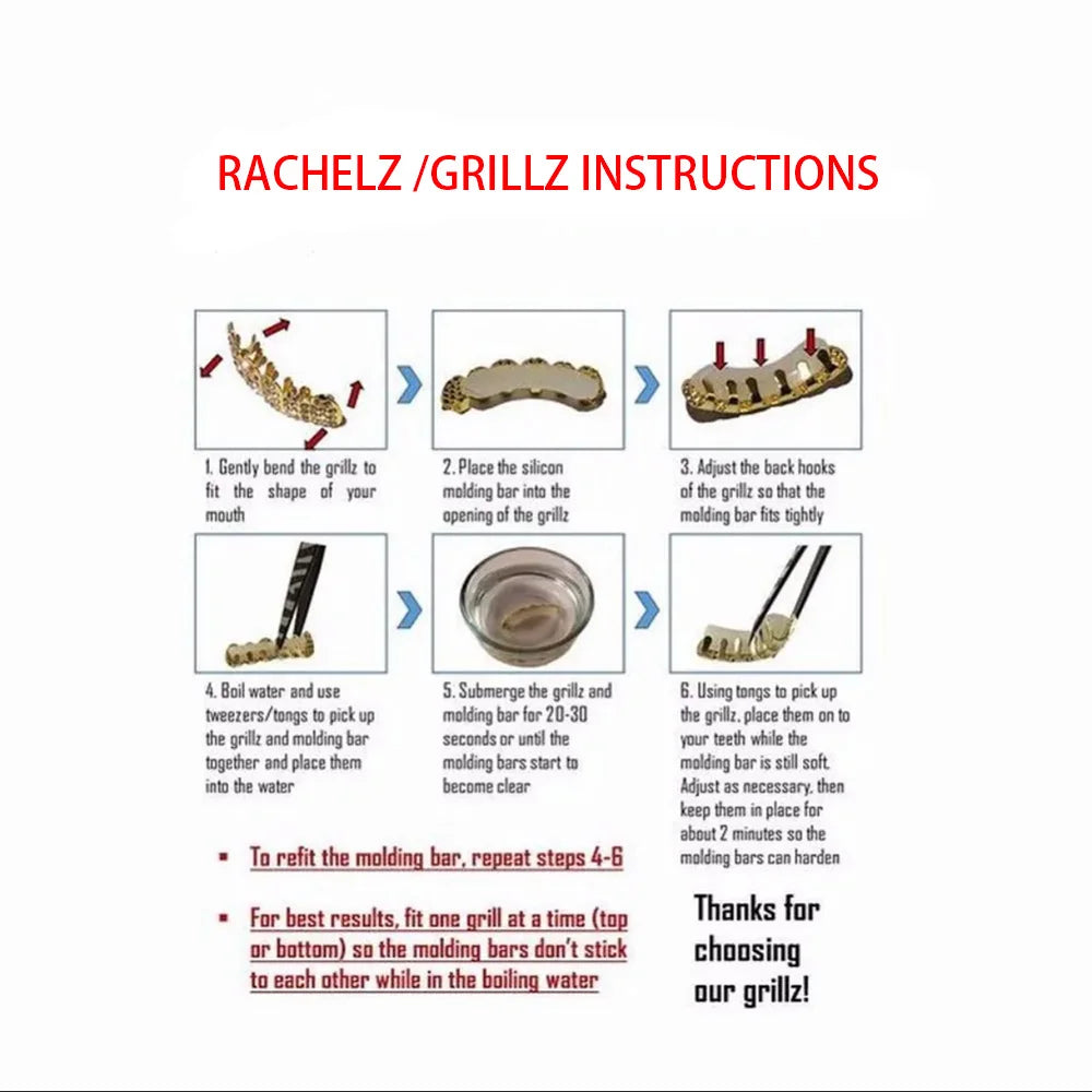 RACHELZ Hip Hop Gold Plated Teeth Grillz Fashion Top Bottom Hollow Tooth Cap Dental Grills For Men Women Jewelry Party Gift