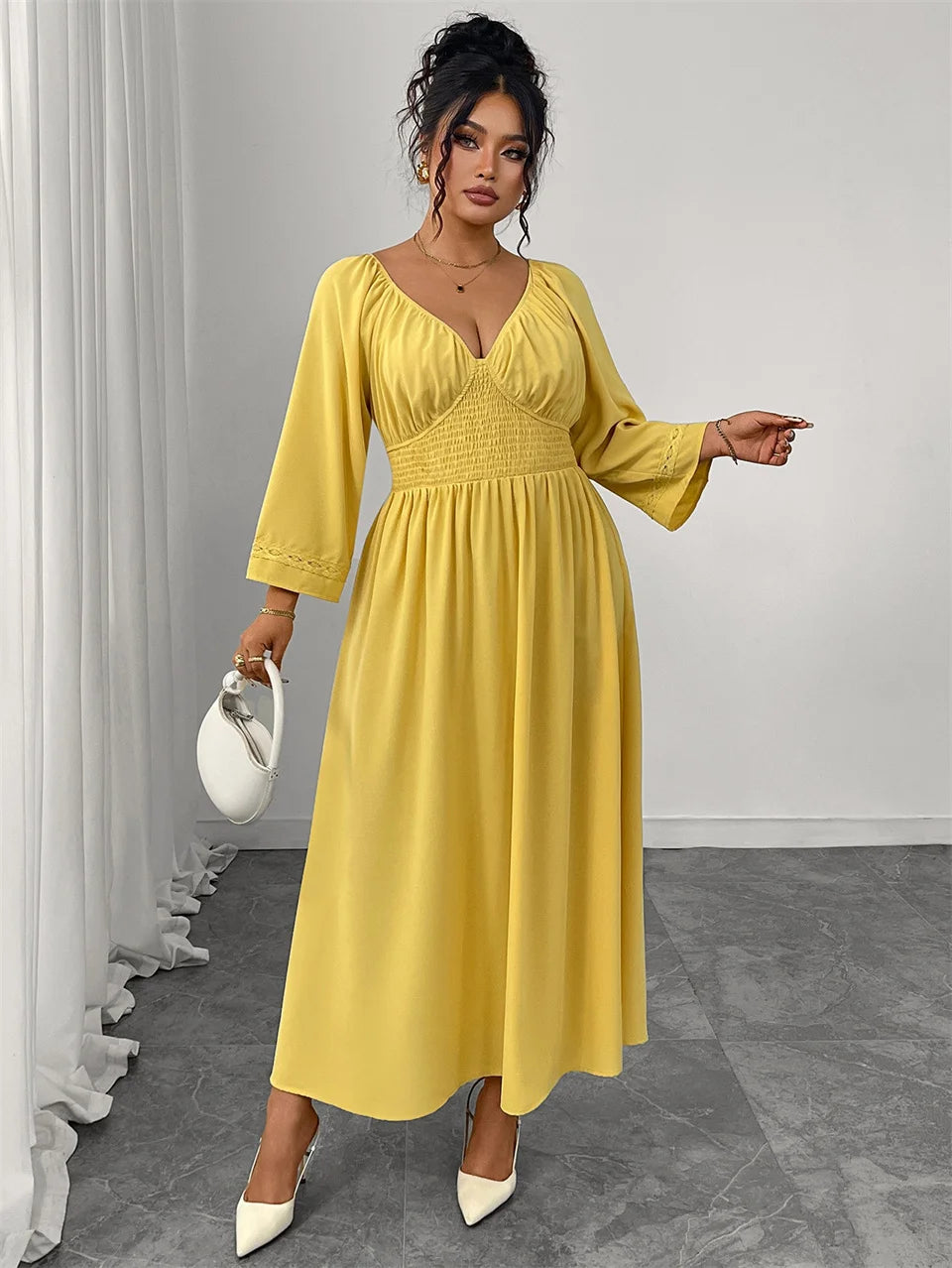 GIBSIE Plus Size Deep V-neck Sexy Long Dress Women Autumn 2025 New Solid Party Elegant High Waist Elastic A-Line Dresses