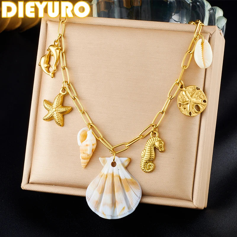 316 Stainless Steel Sea Star Conch Dolphin Shell Pendant  Necklace Lady New Fashion Trend Neck Chain Jewelry Party Gift