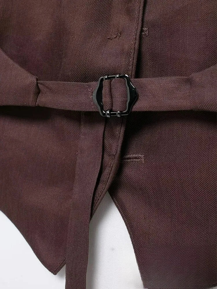 KONDALA Vintage Chic Women Suit Solid Halter Backless Vest Straight Button Loose Pants Fashion 2025 Autumn Office Lady Set