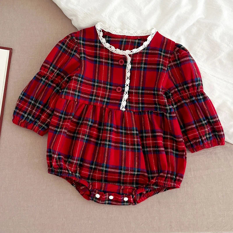 Christmas Infant Baby Girl Romper Autumn Winter Newborn Baby Girl Children Clothes Red Plaid Lapel Long Sleeved Newborn Romper