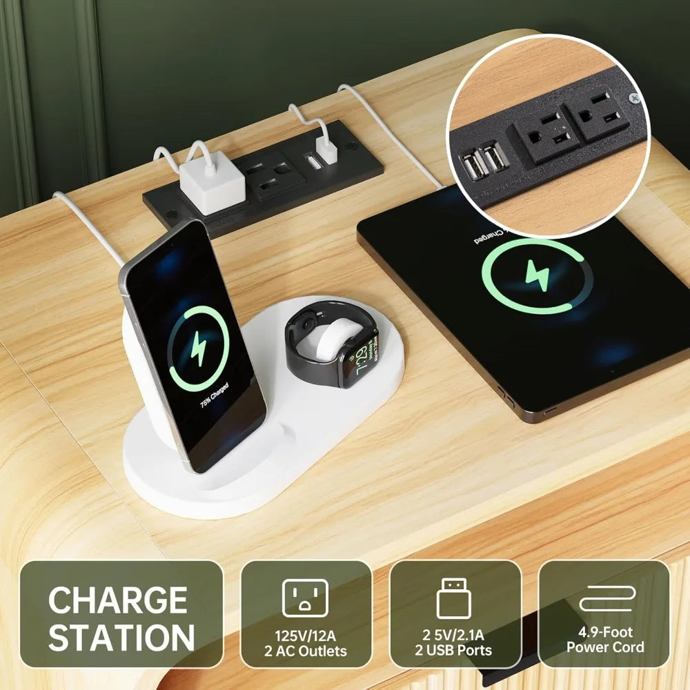 Table de chevet cannelée avec station de recharge, table d'appoint en bois avec 2 tiroirs de rangement, design à profil incurvé, armoire de chevet moderne