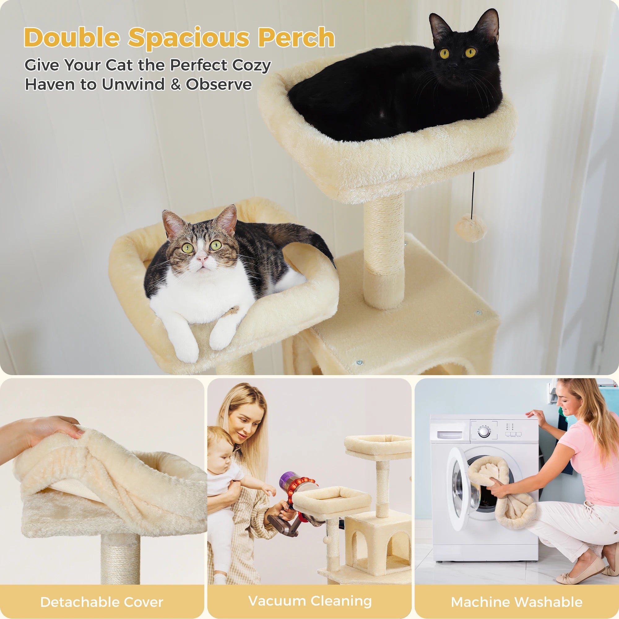 Stable&Safe Multi-Level Cat Tree Tower with Cozy Condo,Scratching Posts&Boards,Perches,Hammock,Pompoms for Active Cats,Cat Toys