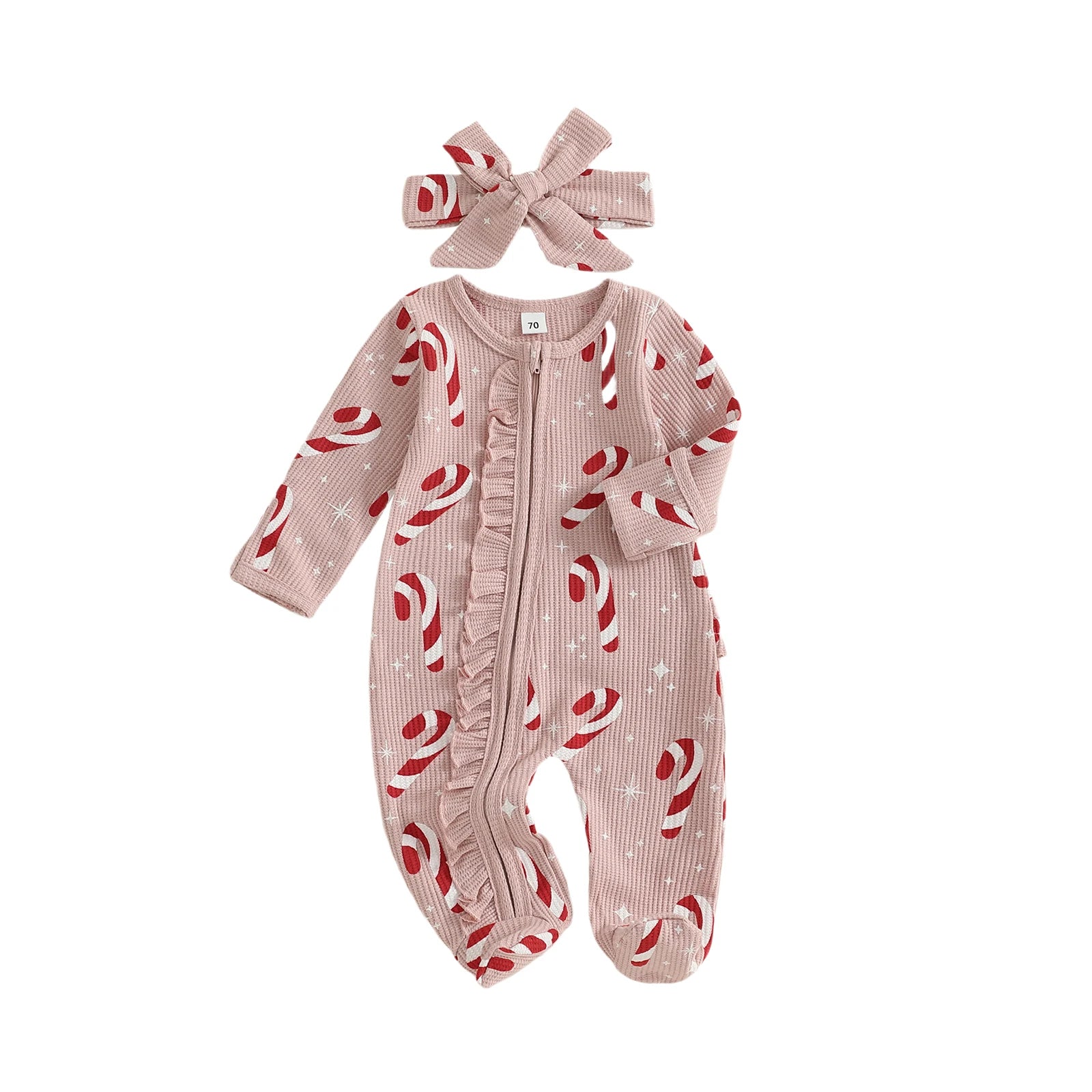 Newborn Baby Girls Christmas Oblique Zipper Rompers Long Sleeve O Neck Candy Cane/Gingerbread Print Jumpsuits with Headband