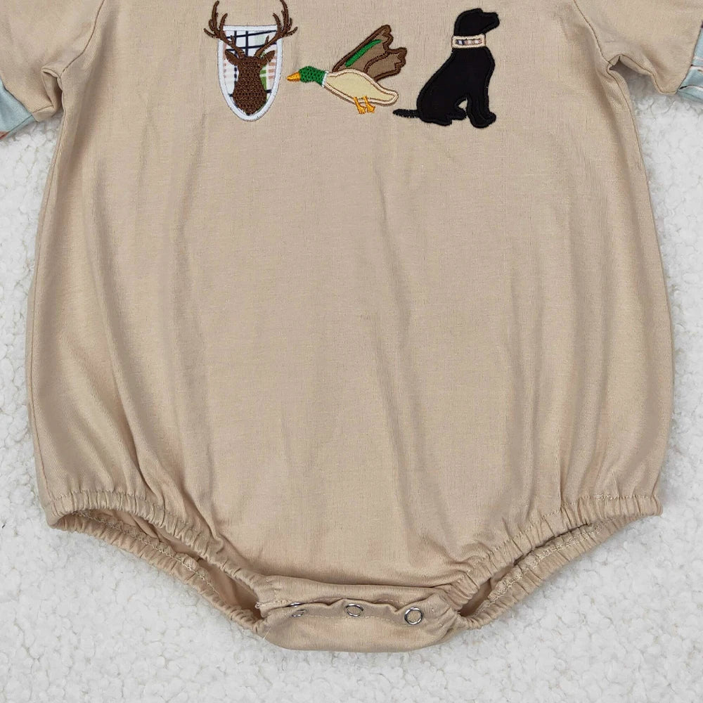 Wholesale Kids Children Short Sleeves Onesie Newborn Toddler Cotton Embroidery Baby Infant Boys Hunting Deer Duck Dog Rompers