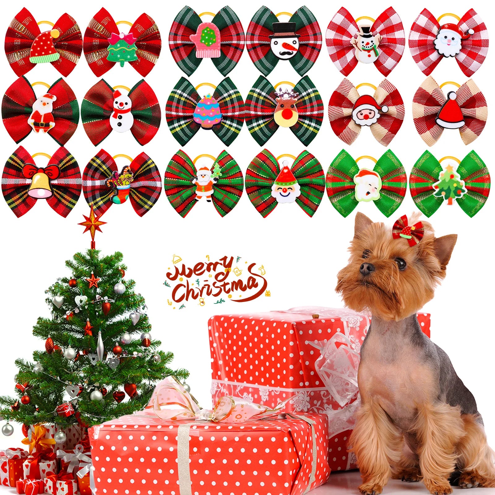 10/20/30pcs Small Dogs Hair Accessories Winter Plaid Dog Bows With Rubber Bands Snowman Ornament Pet Dog Grooming Accessories