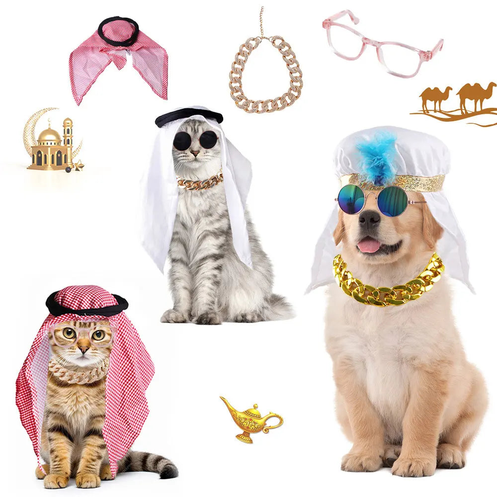 4PCS Set Small Pet Arabic Scarf Set Red Printed Dubai Saudi Style Headscarf Dogs Cats Middle Eastern Costume for Puppy Kitty