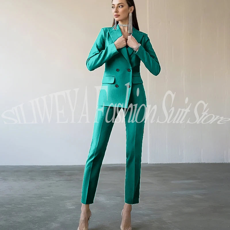 Fashion Chic Burgundy Red Purple Women Suit Double Breasted 2 Piece Jacket Pants Blazer Set Slim Fit Office Lady Female Clothing