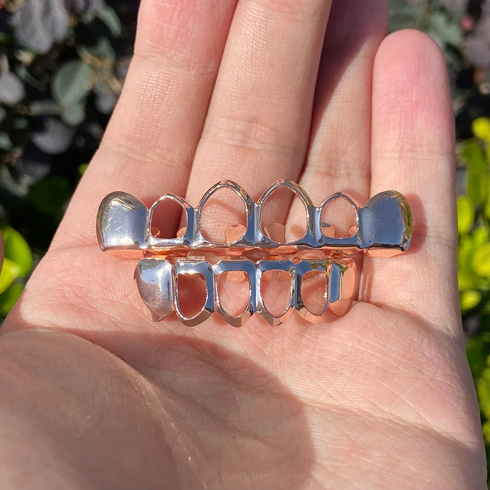 RACHELZ Hip Hop Gold Plated Teeth Grillz Fashion Top Bottom Hollow Tooth Cap Dental Grills For Men Women Jewelry Party Gift