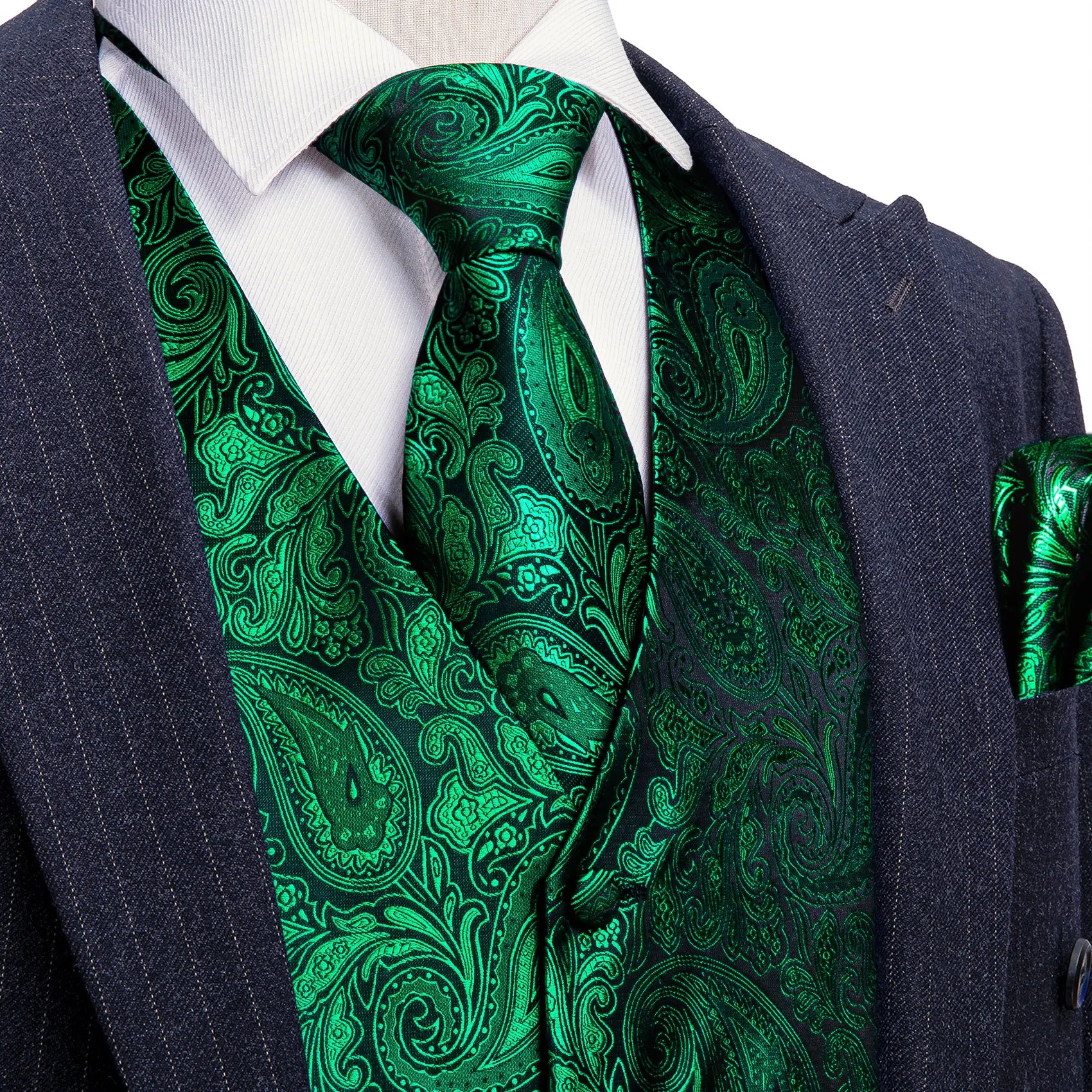 Elegant Vest for Men Silk Green Paisley Plaid Flower Slim Fit Male Suit Embroidered Waistcoat Dress Formal Jacket Barry Wang