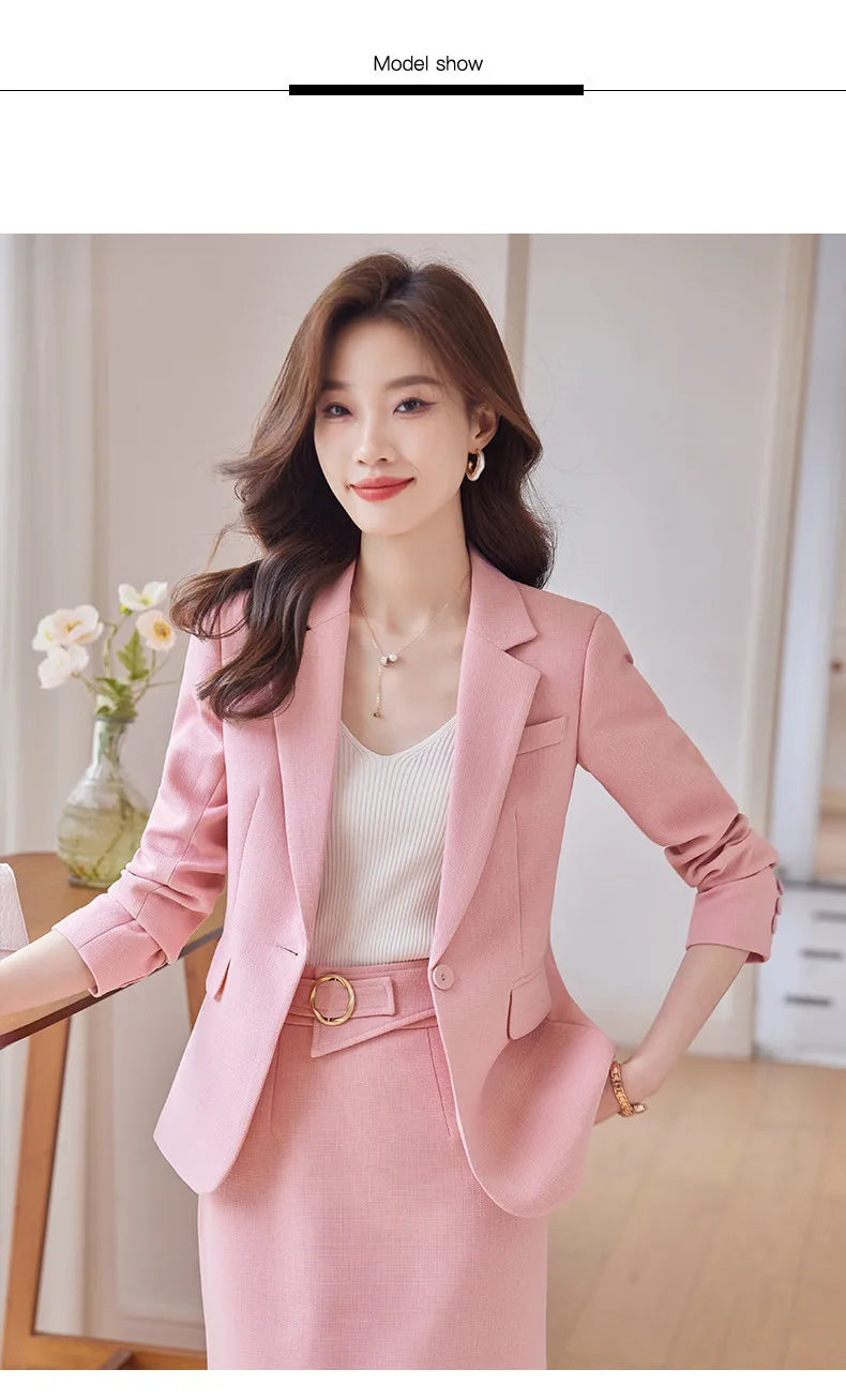 NAVIU Pink Suits Women New 2023 Autumn Fashion Temperament Professional Blazer And Skirt Office Lady Work Wear Two Piece Sets