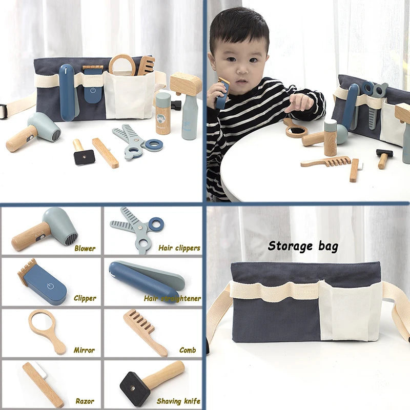 Kids Wooden Makeup Haircut Toy Beauty Fashion Salon Playset Games Combs Hair Dryer Pretend Play House Barber Makeup Kit Girl Toy