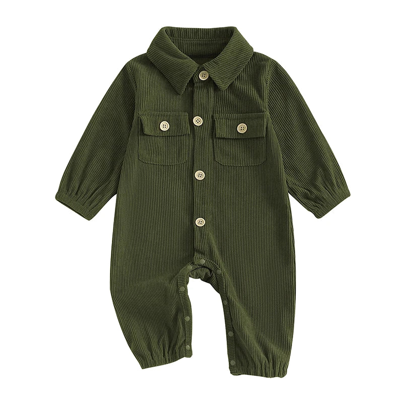Pudcoco Baby Autumn Casual Corduroy Jumpsuit Long Sleeve Lapel Solid Color Button Up Romper