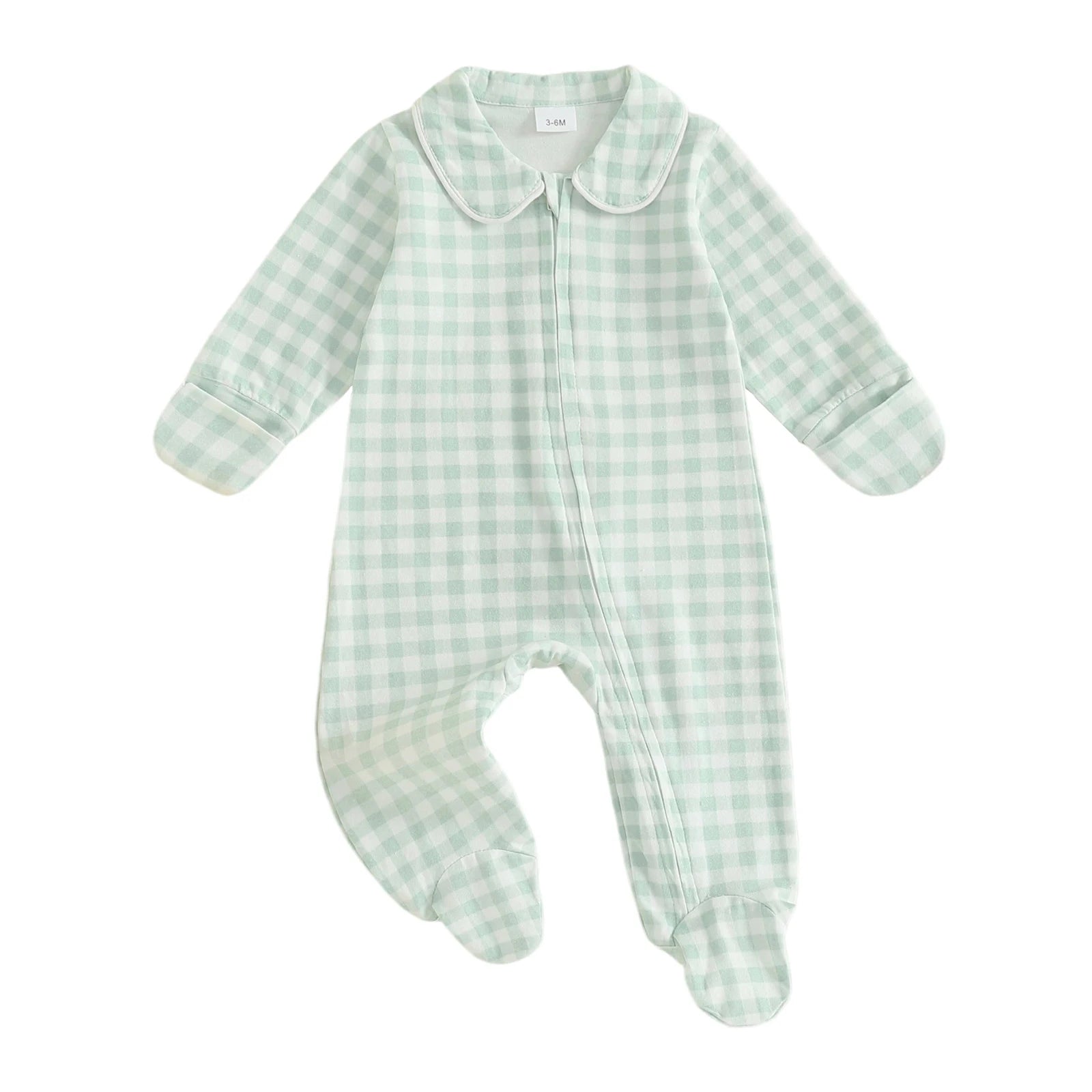 Pudcoco Infant Newborn Baby Fall Romper Plaid Print Doll Collar Long Sleeve Zip Up Footed Jumpsuit 0-6M