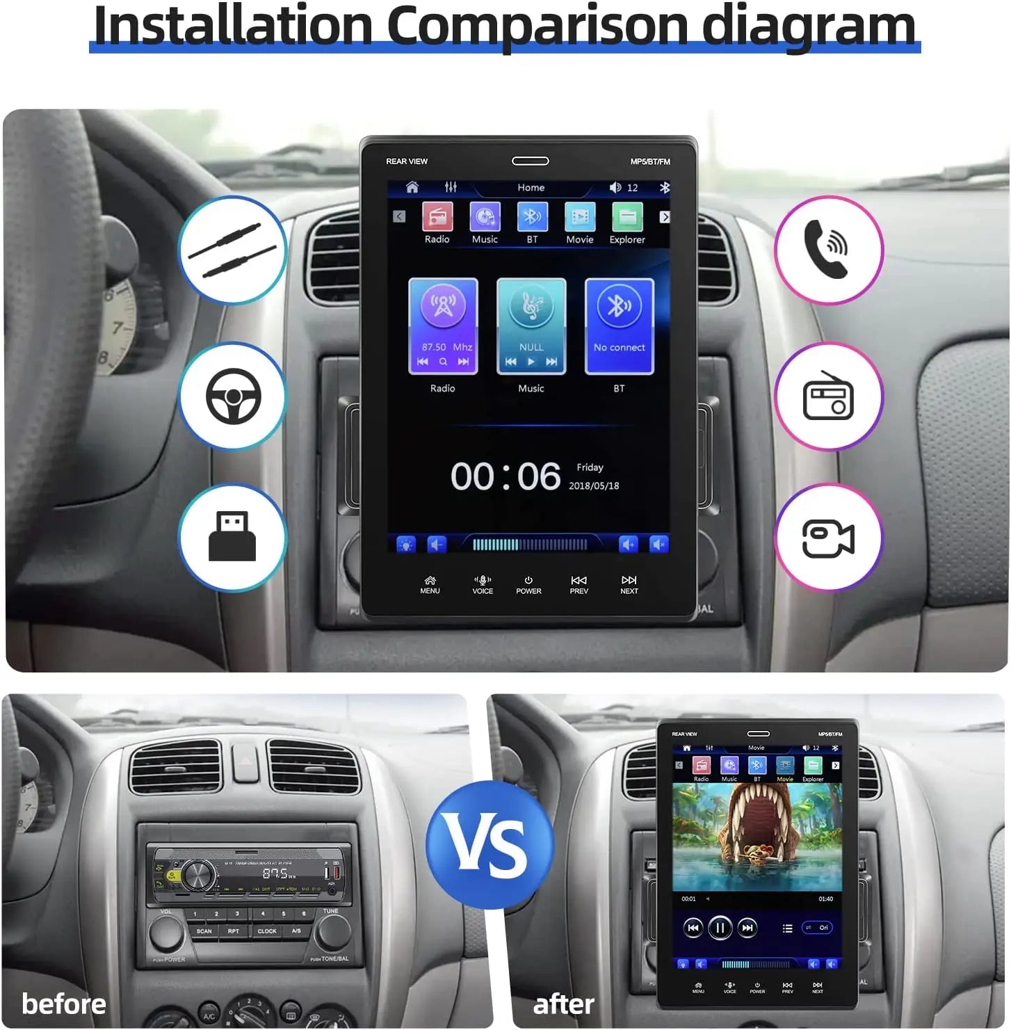 ESSGOO 10.4" Car Stereo Single DIN Wireless CarPlay Android Auto Rotatable Touch Screen Bluetooth GPS Nav Radio Player Head Unit