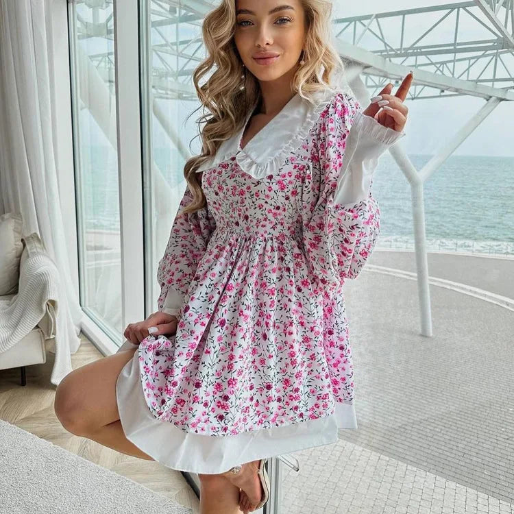 Tossy Ruffled Fashion Printed Mini Dress For Women V-Neck Patchwork Contrast Slim Long Sleeve Party Dress Female Bodycon Dress