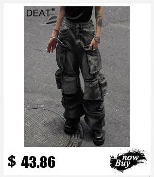 DEAT Fashion Splicing Silhouette Curved Jeans Women's High Waist Loose Wide Leg Denim Pants Autumn New 7A1005