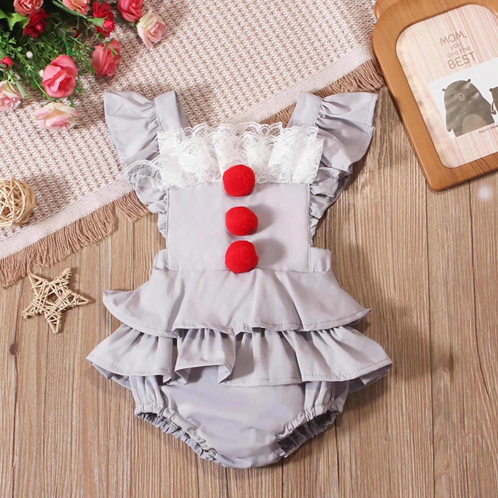 Baby Girl Halloween Creepy Clown Cosplay Costume Long Sleeve Layered Ruffled Gray Joker Dress Romper for Theme Party Photo Shoot