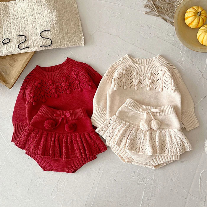 2025 New Autumn 0-3Yrs Children Clothes Suit Long Sleeved Knitted Pullover Sweater+PP Shorts Toddler Baby Girl Clothes Set