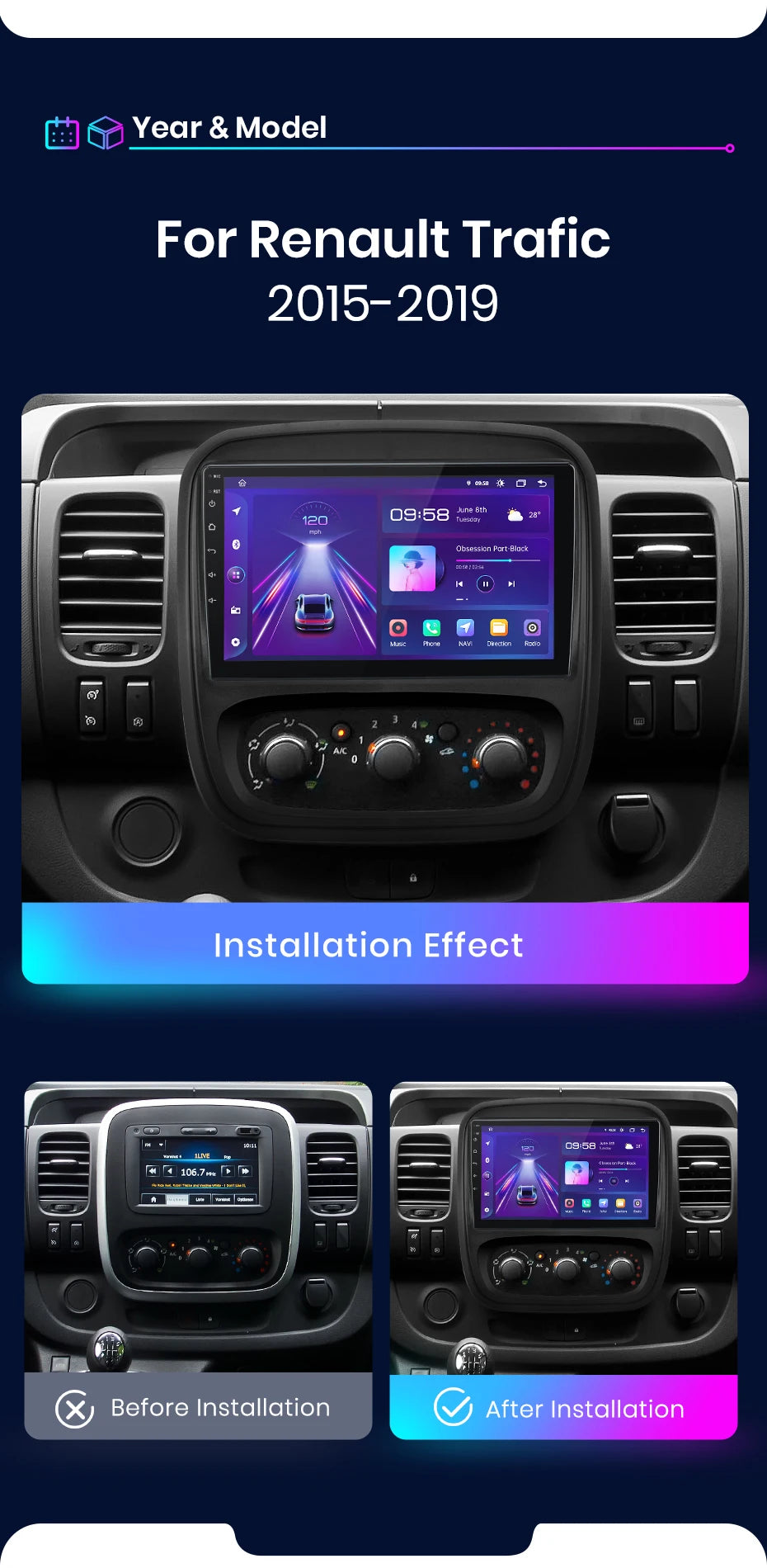 CarPlay Android Auto Autoradio pour Renault Trafic 3 2014 a 2021 et Opel Vivaro B de 2014 à 2018